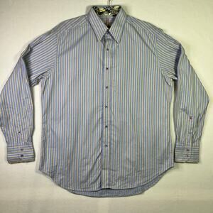 Robert Graham Blue Yellow Stripe Button Down L Paisley Print Cuff Long Sleeve